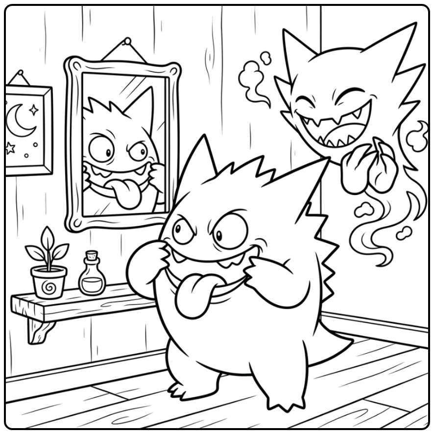 Gengar kleurplaat: Gengar trekt gekke bekken voor een kleine spiegel