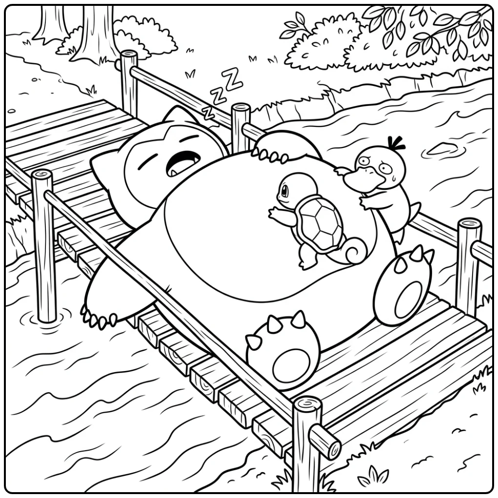 Snorlax kleurplaat: grappige Snorlax slaapt op brug, kleine Pokémons klimmen.