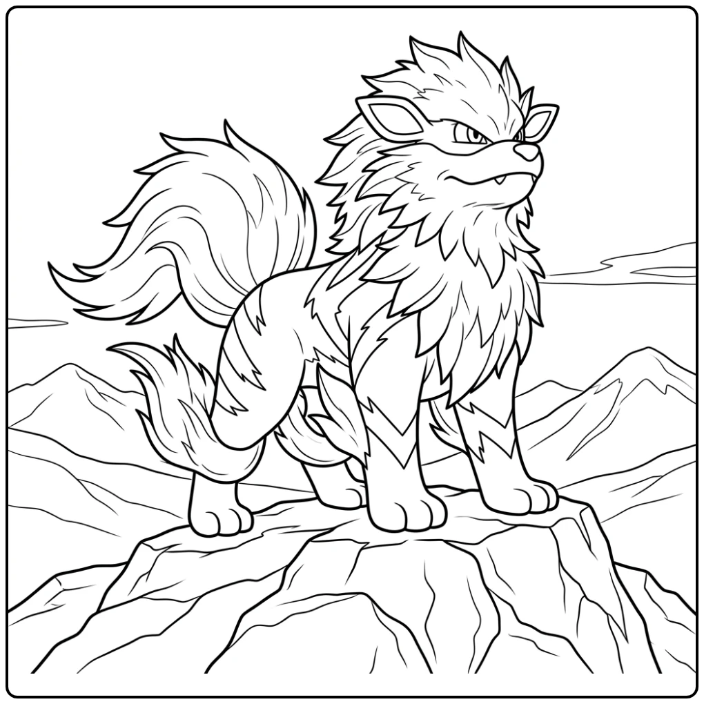 Majestueuze Hisuian Arcanine pokemon kleurplaat op rotsformatie.