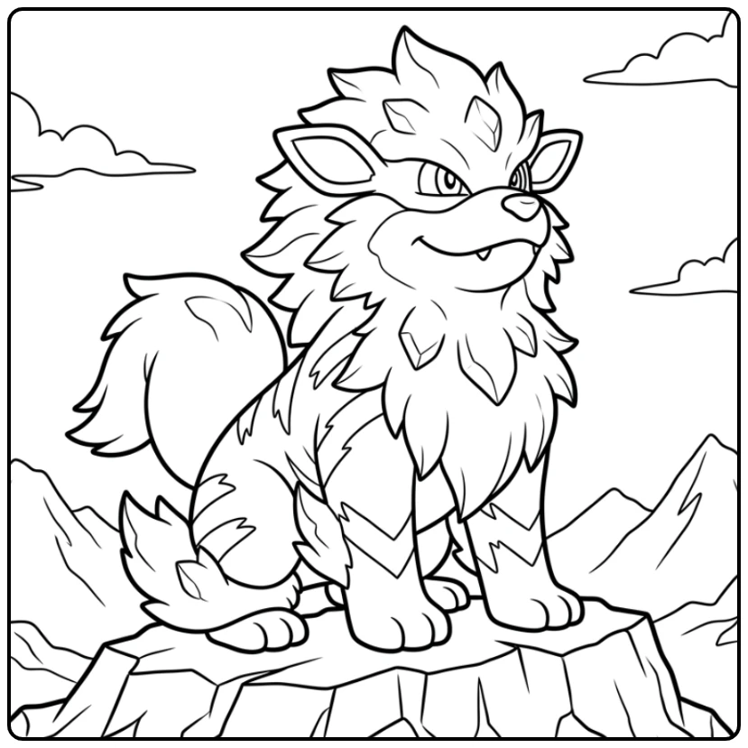 Hisuian Growlithe pokemon kleurplaat op rotsachtige heuvel, trots zittend.