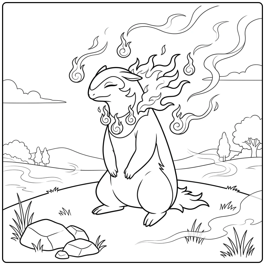 Hisuian Typhlosion pokemon kleurplaat: kalm op een heuvel.