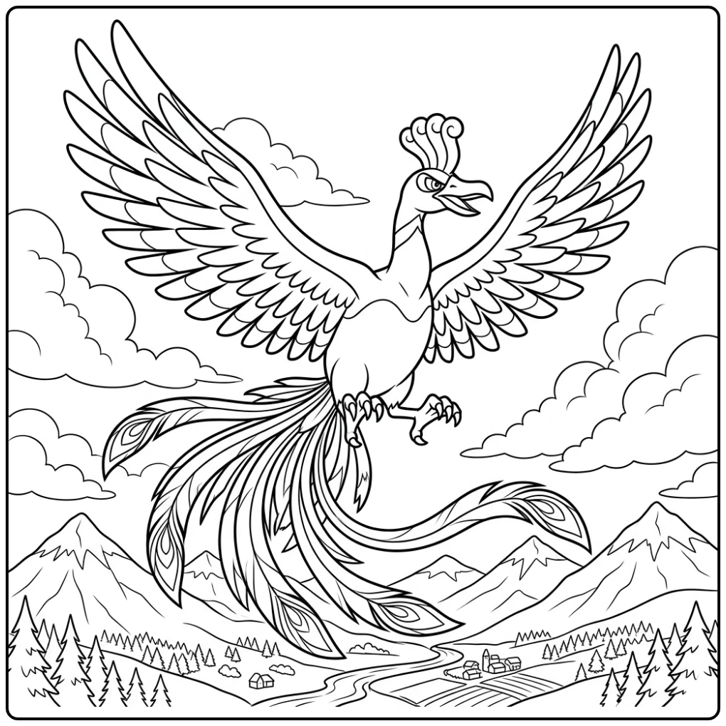 Ho Oh pokemon kleurplaat: Majestueuze Ho-Oh zweeft boven wolken.