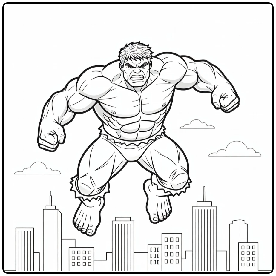 Stoere hulk kleurplaat springend boven een skyline.