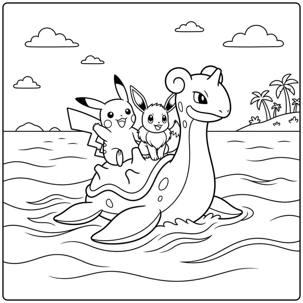 Leuke kleurplaat pokemon schattig: Pikachu en Eevee op Lapras.