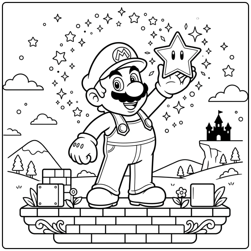 Mario kleurplaat met Mario die een ster vasthoudt op een platform