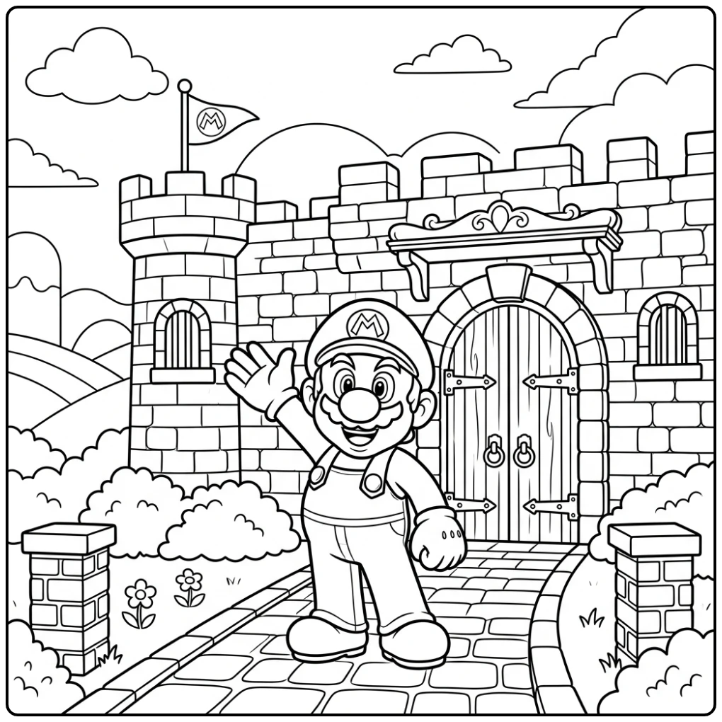 Mario kleurplaat bij kasteelingang, klaar voor een nieuw avontuur.