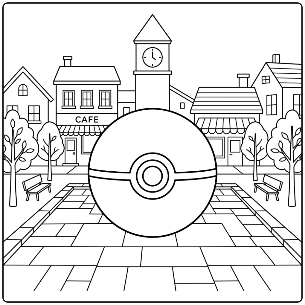 Gedetailleerde pokemon bal kleurplaat in een stadse omgeving