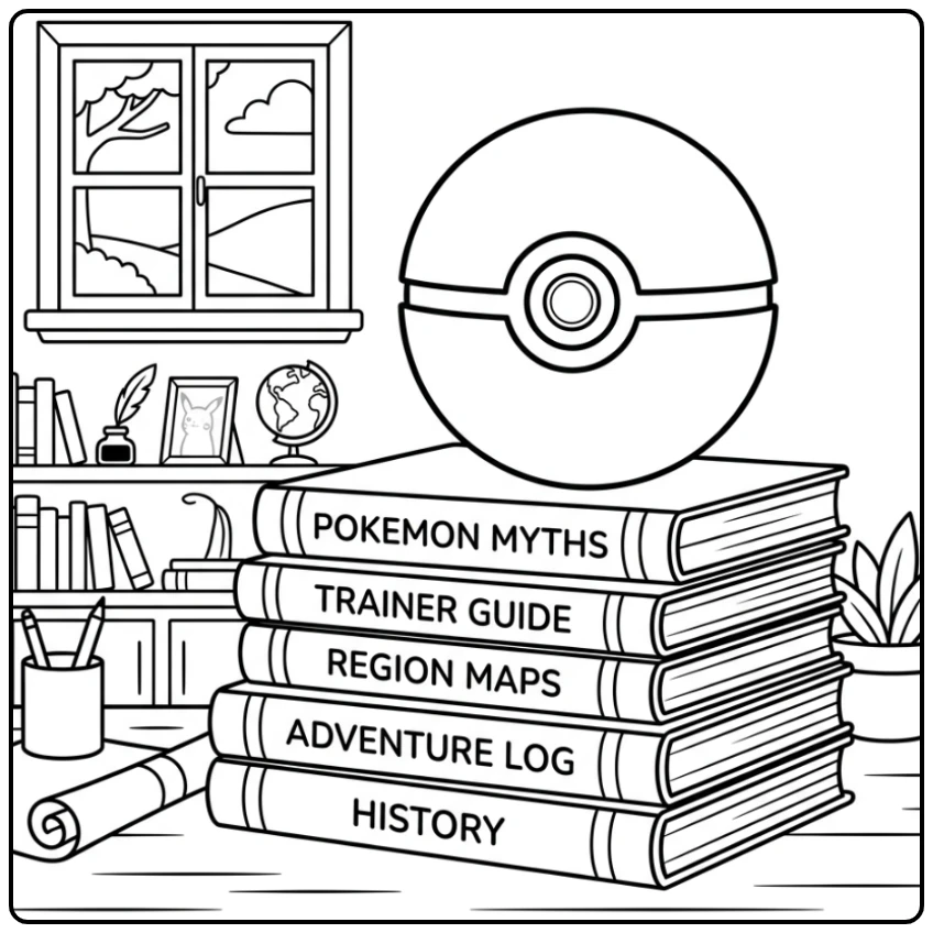 Gedetailleerde pokemon bal kleurplaat op boeken in een trainerstudie.
