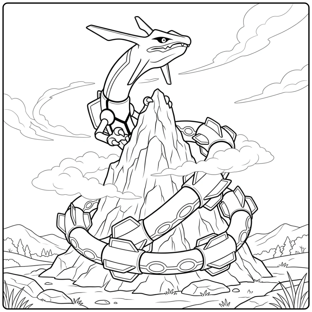 Machtige rayquaza kleurplaat die om bergtop kronkelt, kop omhoog.