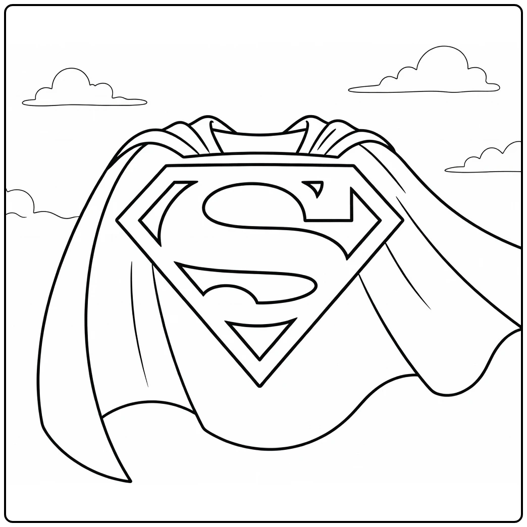 Superman logo kleurplaat met schild, cape en wolken