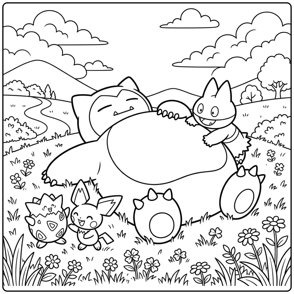 Lachende Snorlax, Munchlax en vrienden op snorlax kleurplaat.