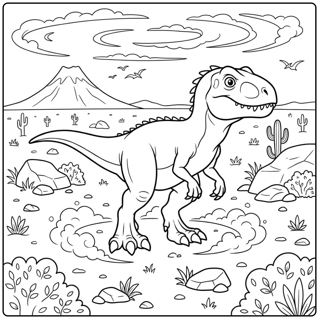 Schattige indominus rex kleurplaat met vulkaan en rotsen.