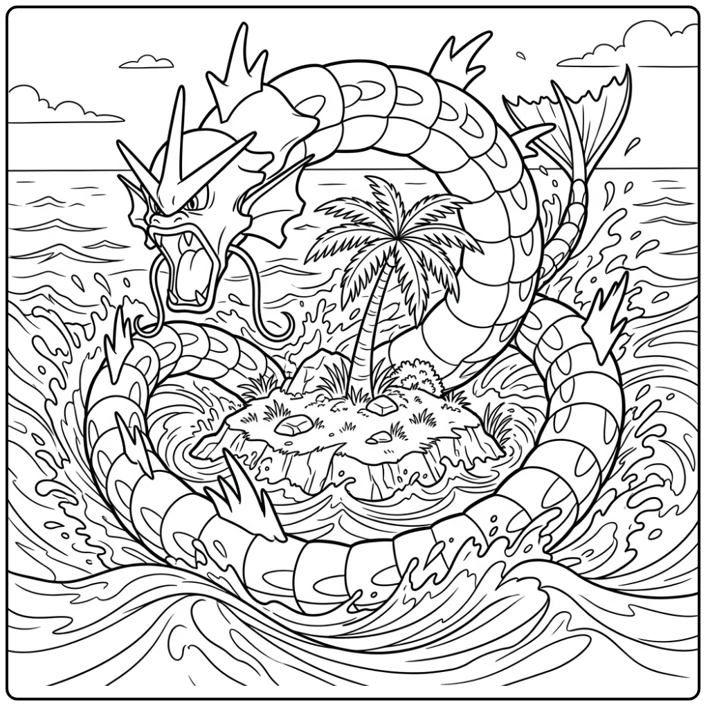 Dynamische gyarados kleurplaat van Gyarados rond eiland met palmboom.