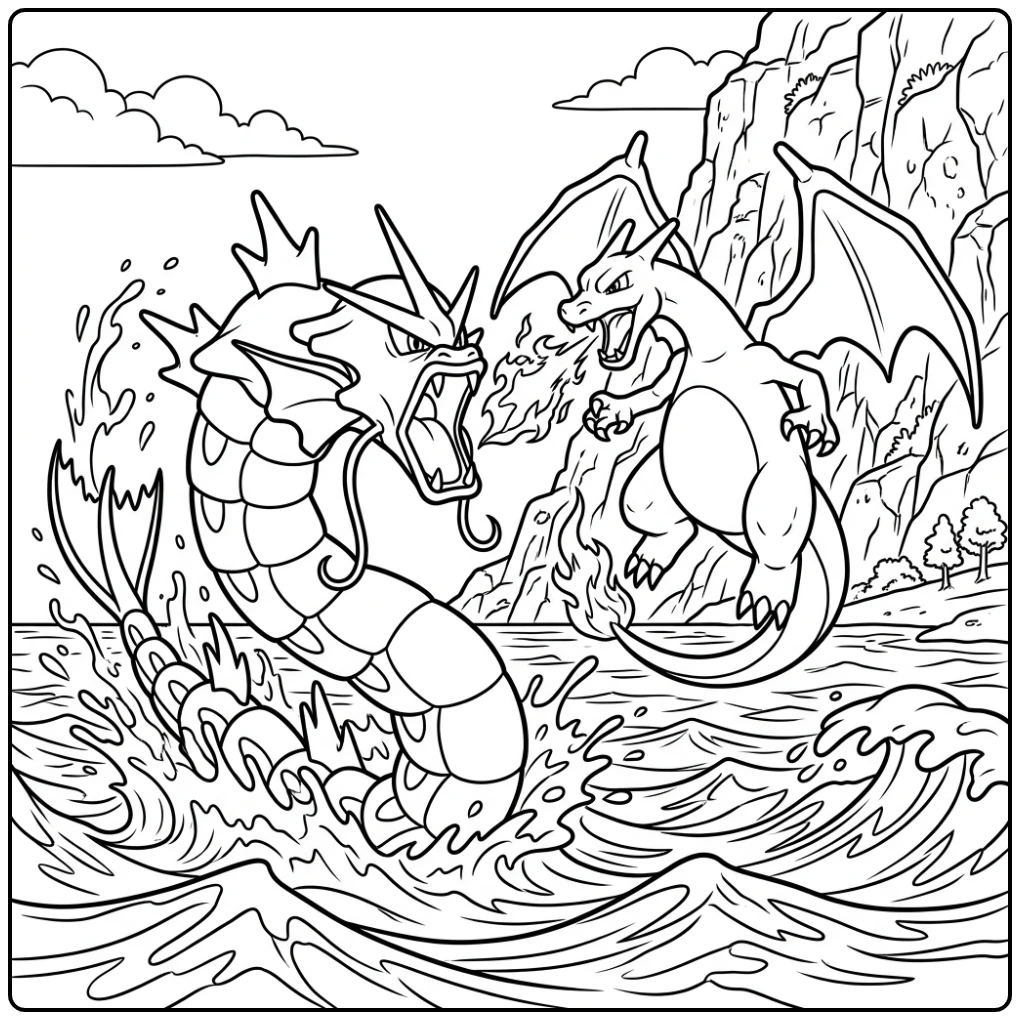 Epische gyarados kleurplaat: Gyarados en Charizard vechten boven zee