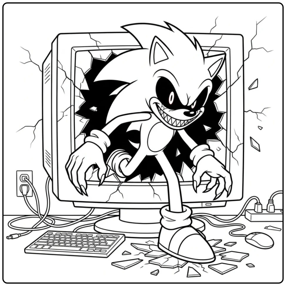 Griezelige sonic exe kleurplaat: hij stapt uit een gebroken monitor