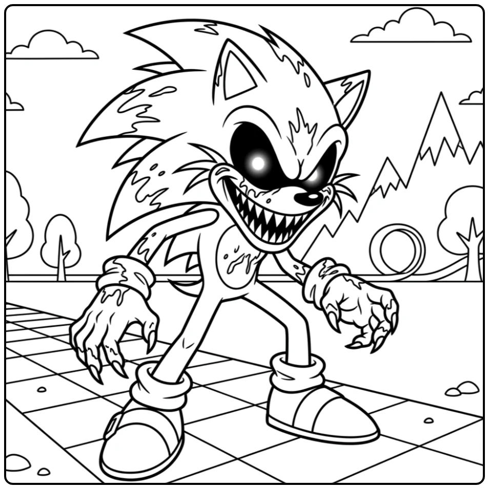 Bedreigende sonic exe kleurplaat met gloeiende ogen en enge glimlach.