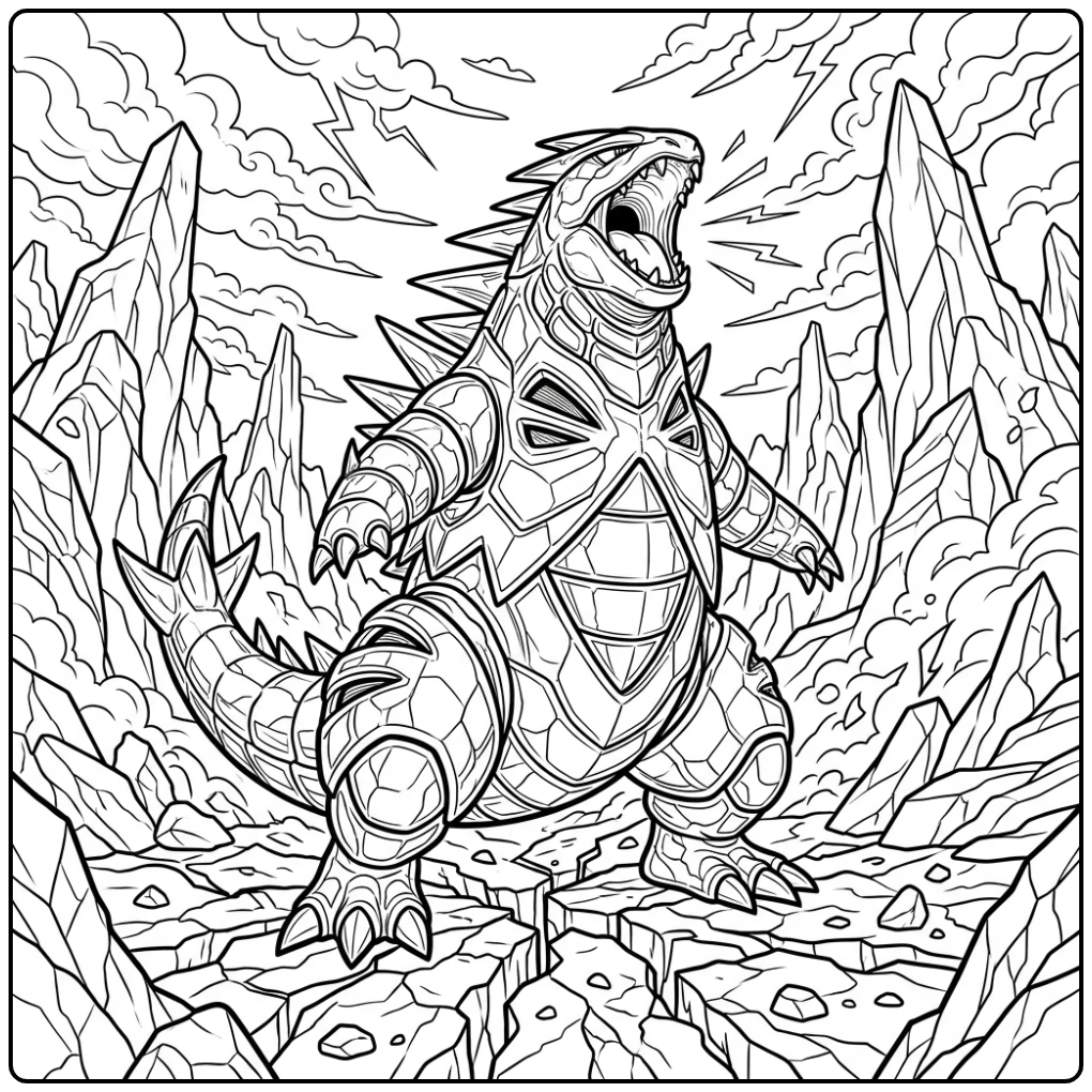 Machtige Tyranitar kleurplaat pokemon moeilijk, brullend op gebarsten grond.
