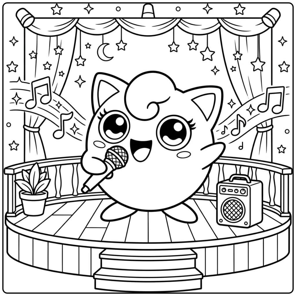 Vrolijke jigglypuff kleurplaat: zingende Jigglypuff op podium met microfoon