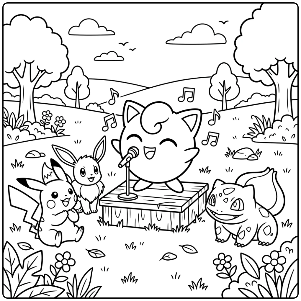 Jigglypuff kleurplaat van een optredende Jigglypuff met publiek.