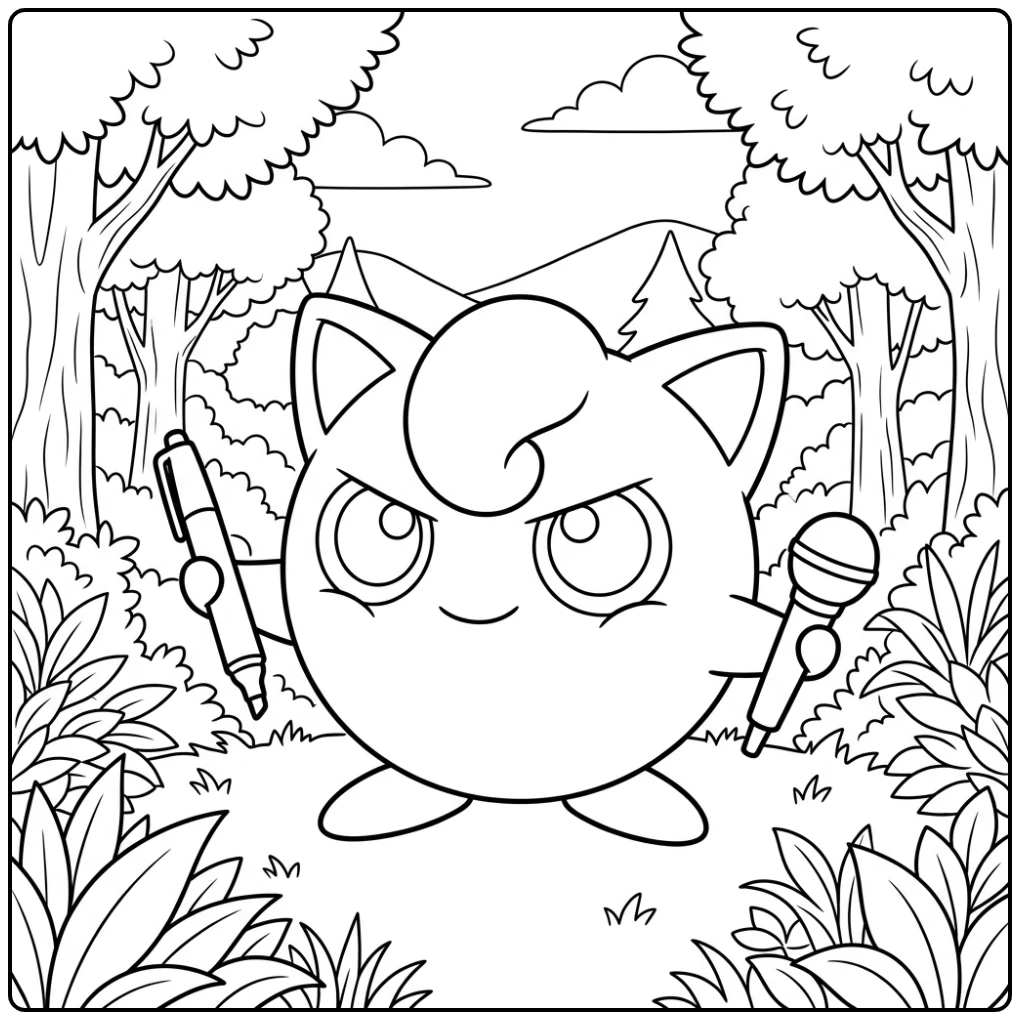 Grappige jigglypuff kleurplaat: Jigglypuff tekent op slapende Snorlax.