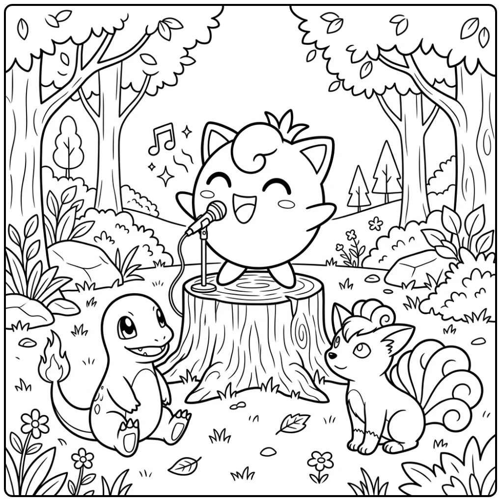 Een charmante jigglypuff kleurplaat: Jigglypuff zingt op een boomstronk.