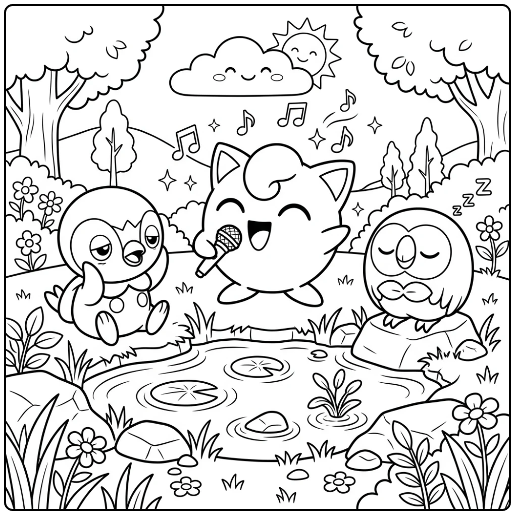 Jigglypuff kleurplaat van zingende Jigglypuff, Piplup & Rowlet slapen.
