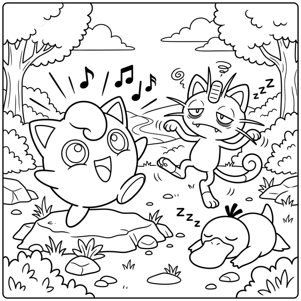 Levendige jigglypuff kleurplaat: Jigglypuff zingt, Meowth vecht tegen slaap.