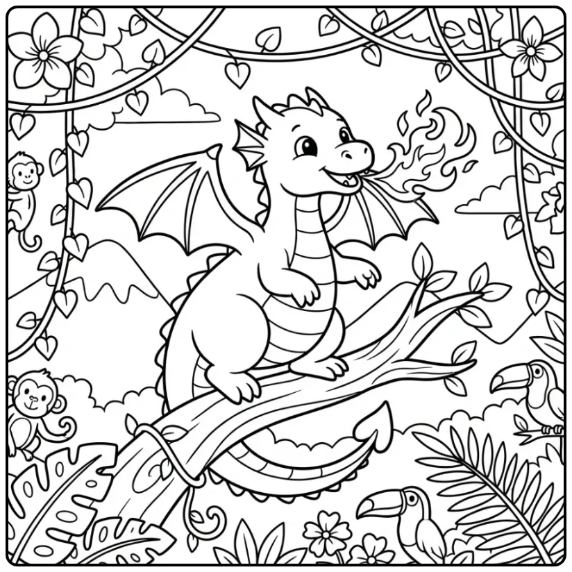 Schattige kleurplaat draak met vuur op een tak.