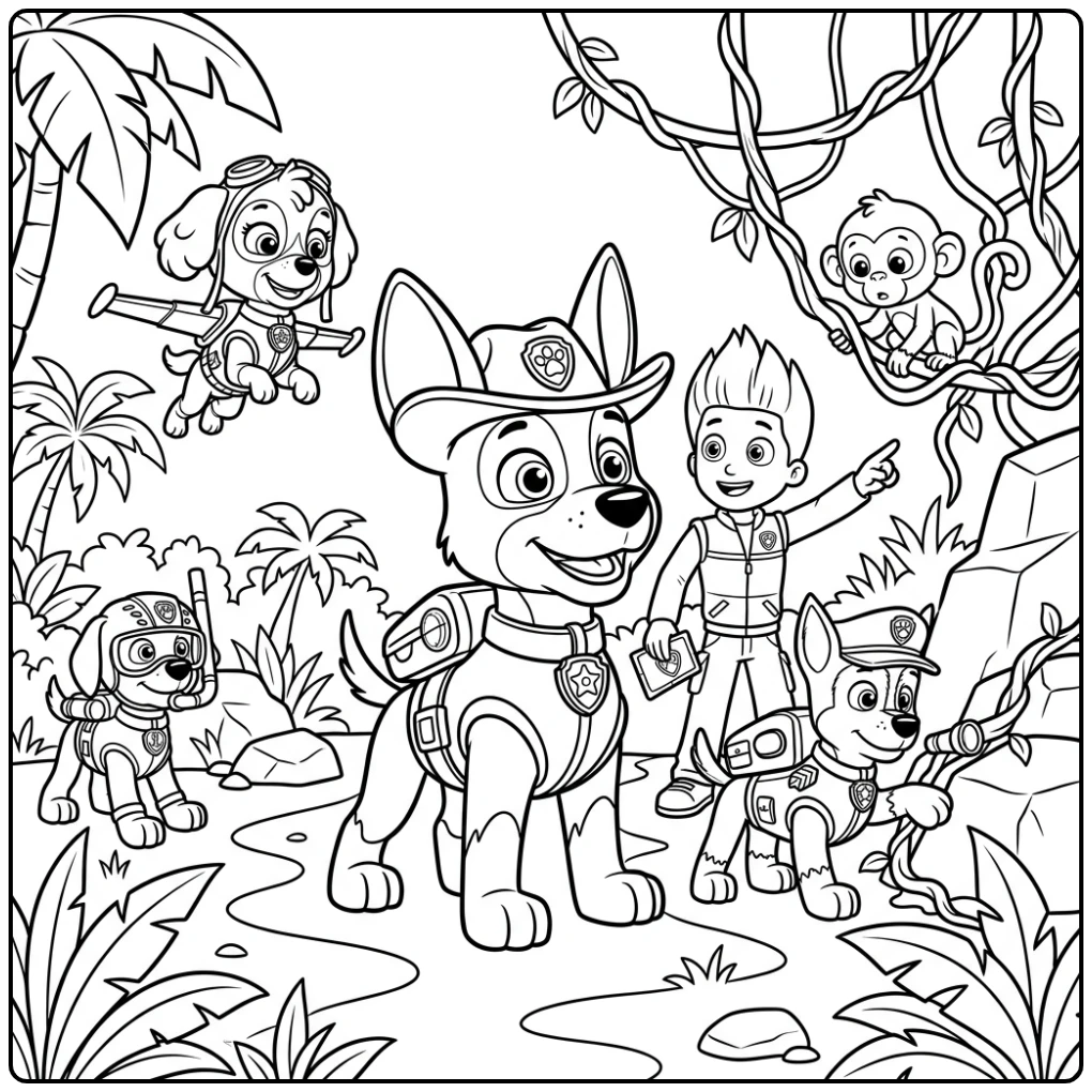 Kleurplaat Paw Patrol Tracker: jungle redding met vrienden.