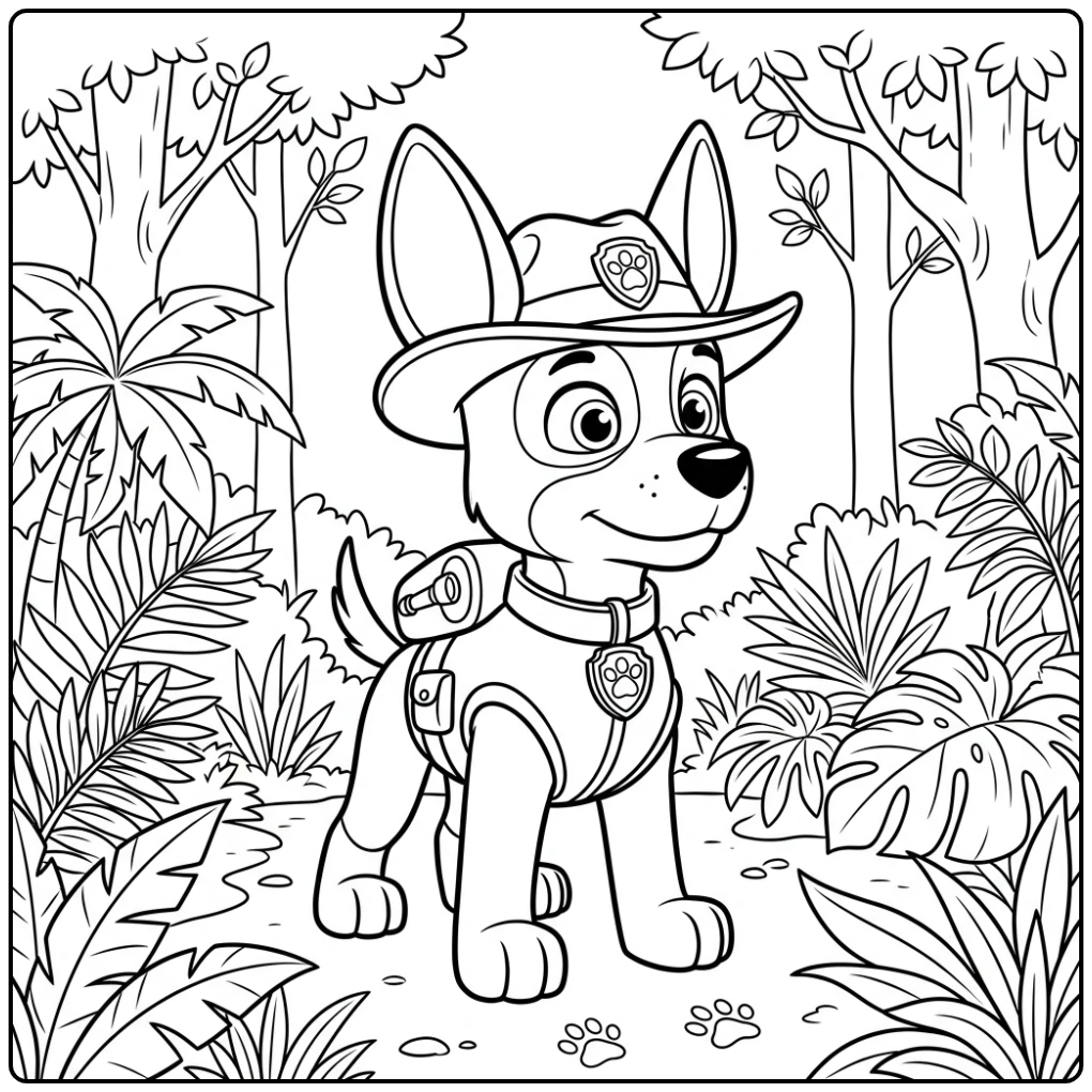 Kleurplaat Paw Patrol Tracker: Tracker alert luisterend in de jungle.