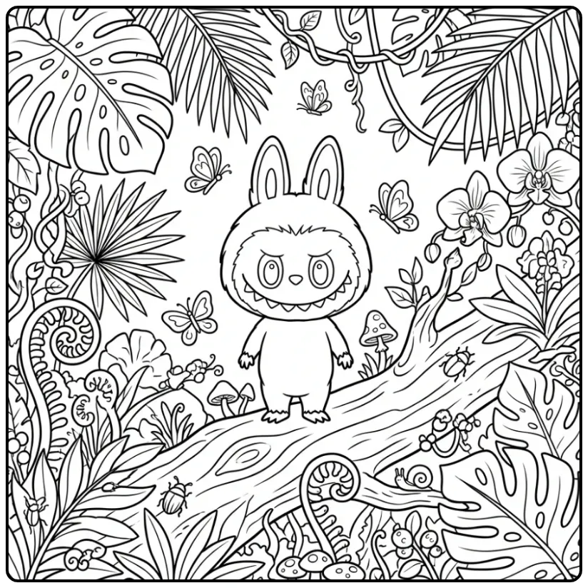 Gedetailleerde labubu kleurplaat moeilijk met jungleplanten.