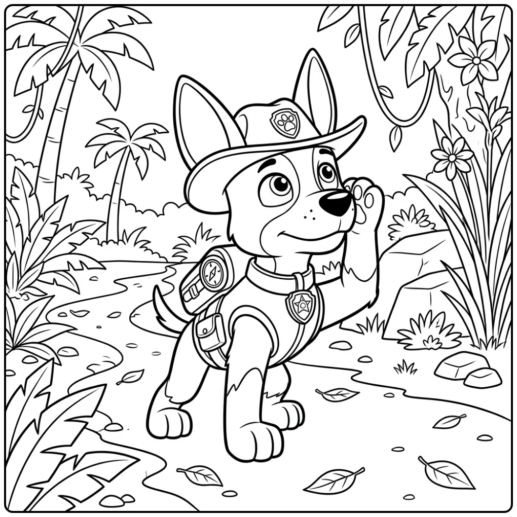 Tracker in luisterhouding, speurende kleurplaat paw patrol tracker