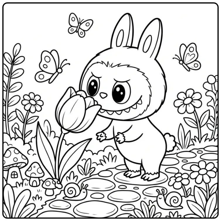 Vrolijke kawaii labubu kleurplaat ruikend aan een tulp.