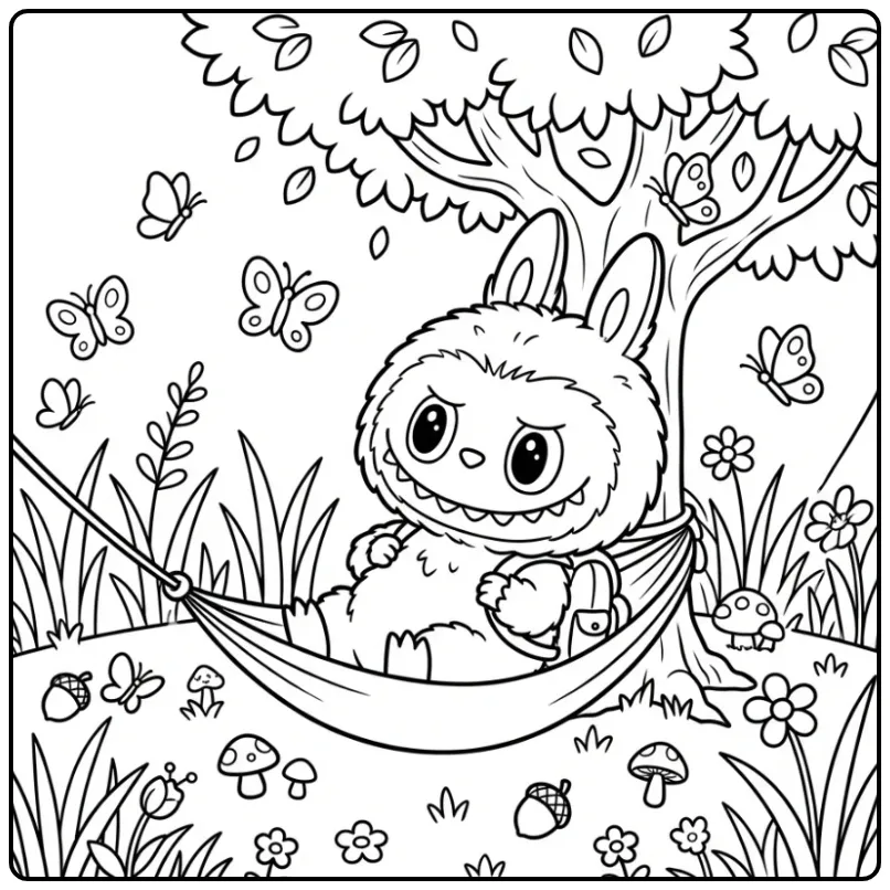 Vrolijke kawaii labubu kleurplaat in de natuur met vlinders