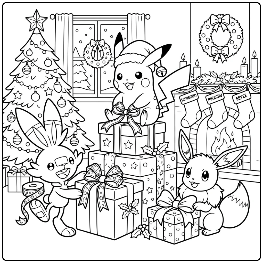 Vrolijke pokemon kerst kleurplaat: Scorbunny, Pikachu, Eevee cadeaus versieren.