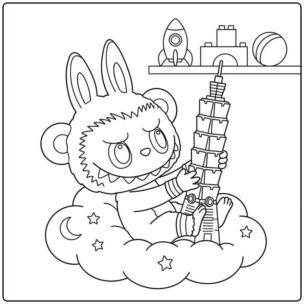 King Kleurplaat: een monster bouwt een toren op een wolk.