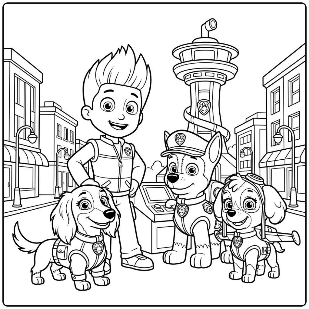 kleurplaat paw patrol liberty met Ryder, Chase en Skye in Adventure City.