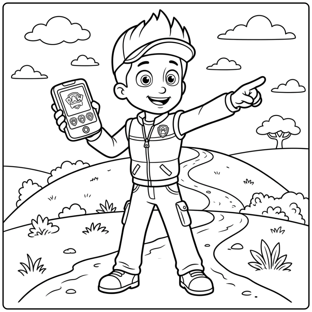 Ryder Paw Patrol kleurplaat: Avontuurlijke Ryder leidt team met Pup Pad.