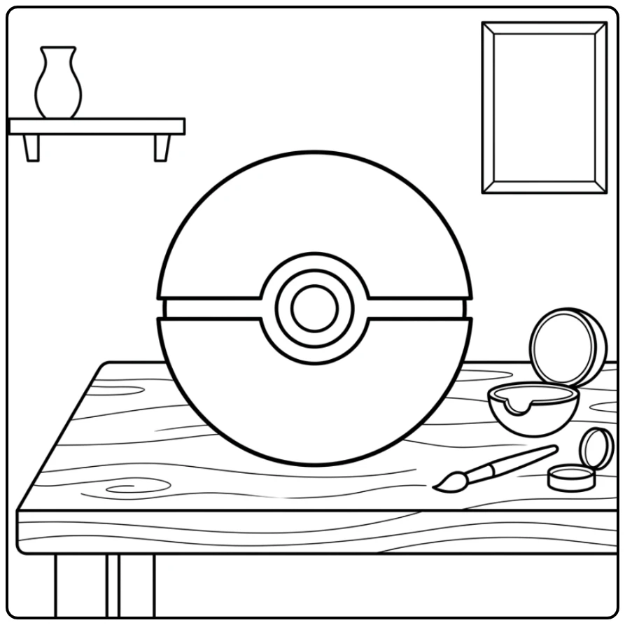 Gedetailleerde pokemon bal kleurplaat op een houten tafel met tools.