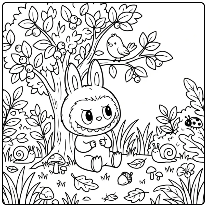 Een vrolijke labubu kleurplaat cute met een klein vogeltje.