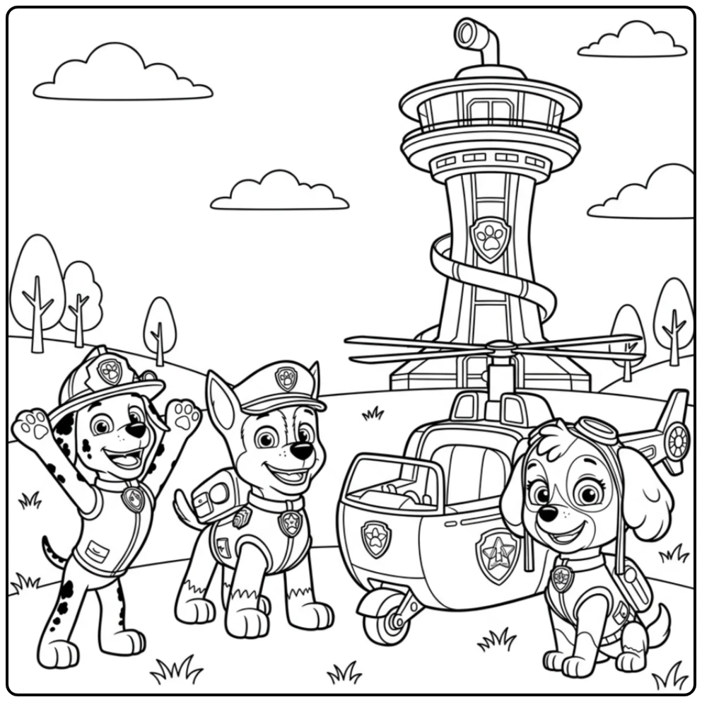 Skye Paw Patrol kleurplaat: Skye trots bij haar roze helikopter met team.