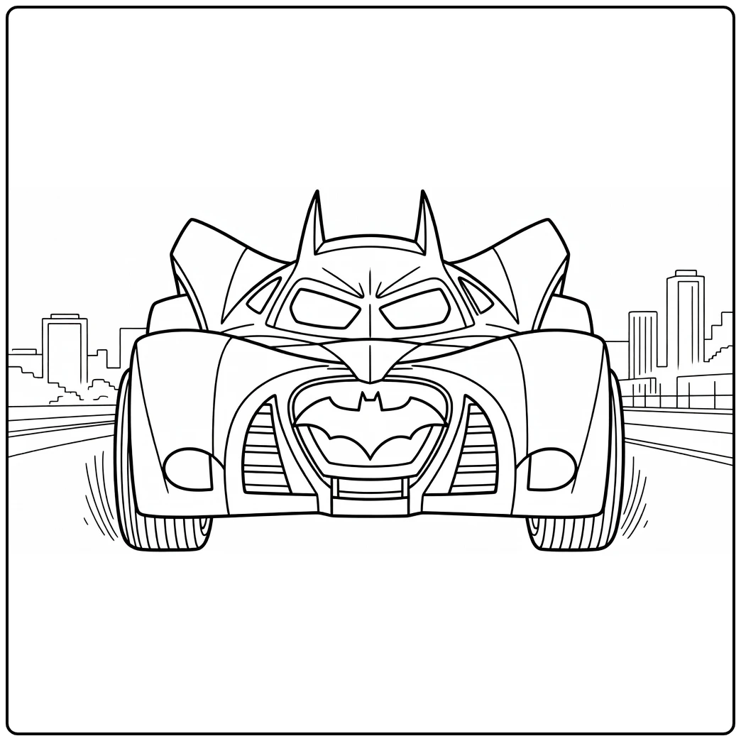 Kleurplaat batman auto: Batmobile frontaal in heroïsche pose met bandensporen