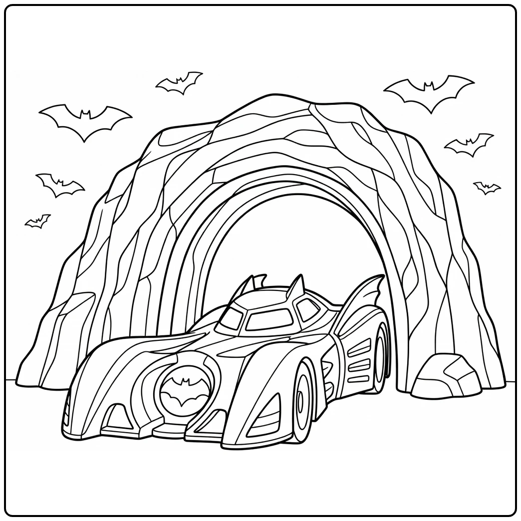 Kleurplaat batman auto geparkeerd voor Batcave met rotswanden en vleermuizen