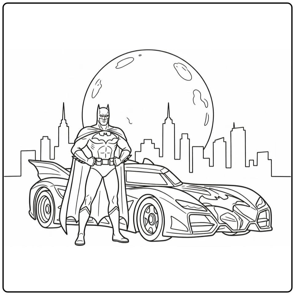 Kleurplaat batman auto: Batman trots bij Batmobile, Gotham skyline en maan