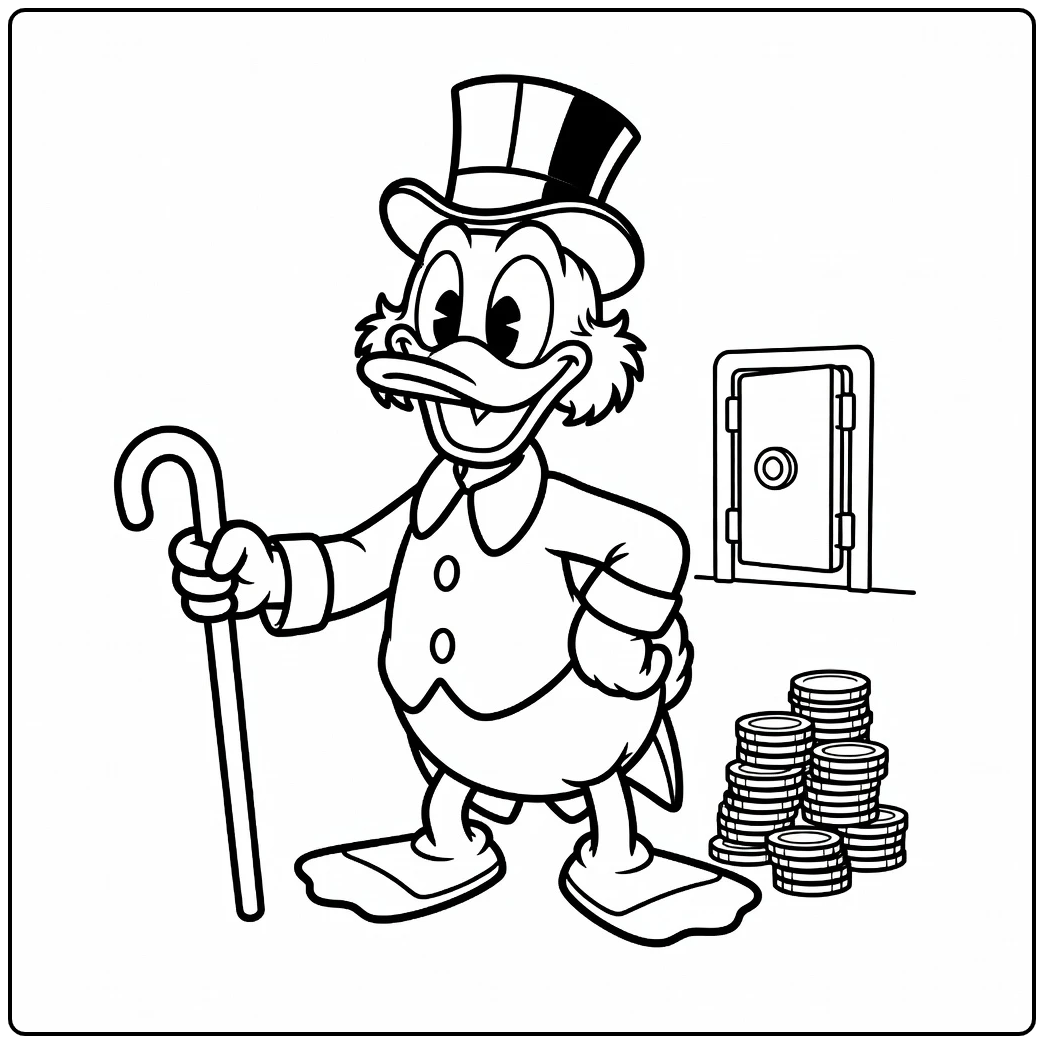 Dagobert Duck met stok en hoed, lachend - kleurplaat dagobert duck.