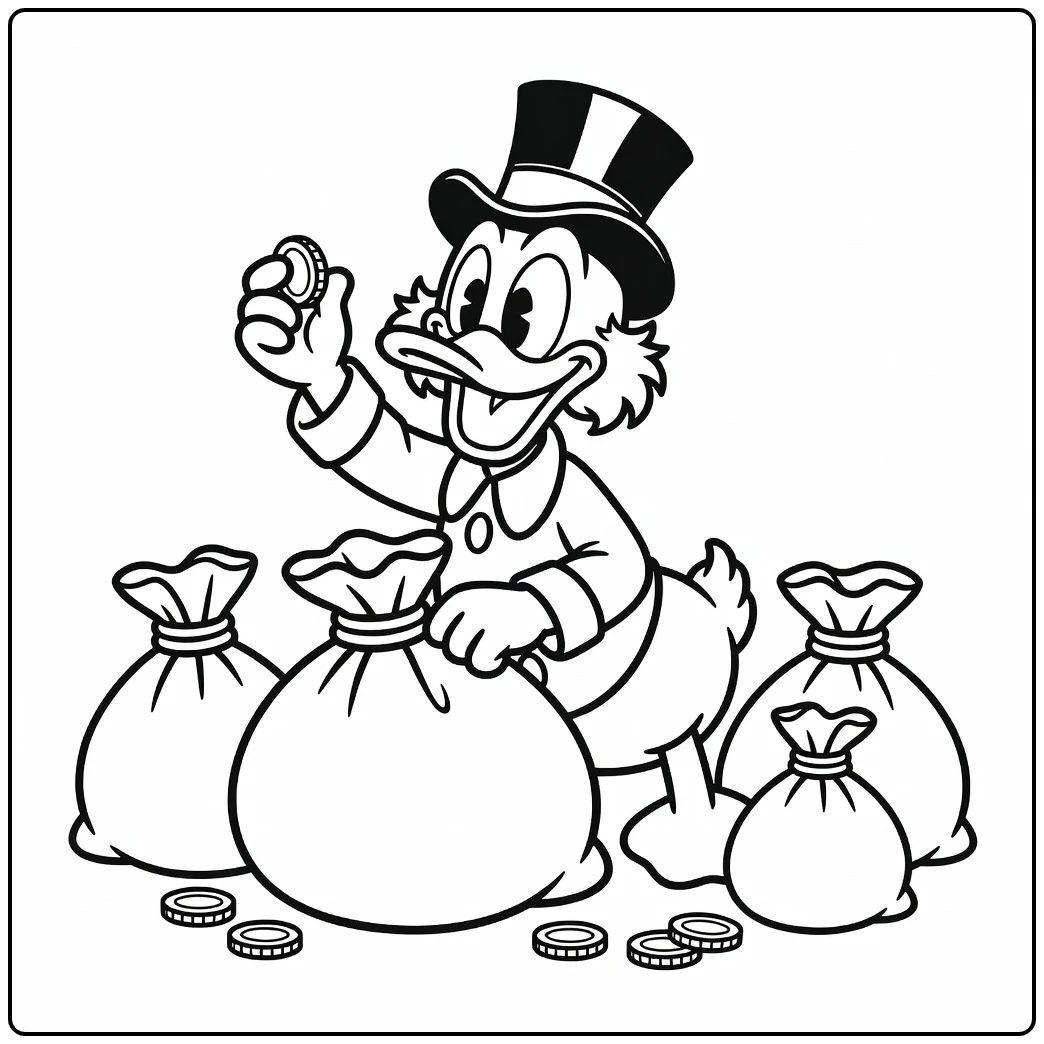 Vrolijke kleurplaat dagobert duck op geldzak met munt.