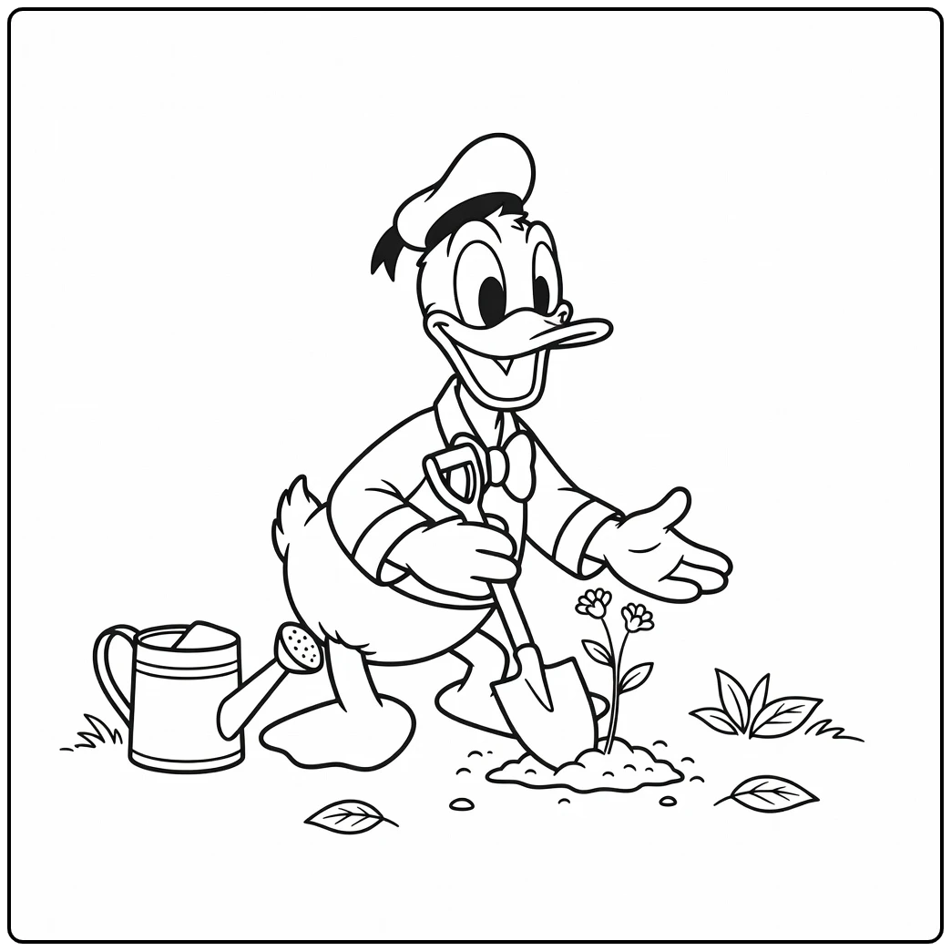 Vrolijke kleurplaat donald duck plant een bloem in de tuin met een schep.