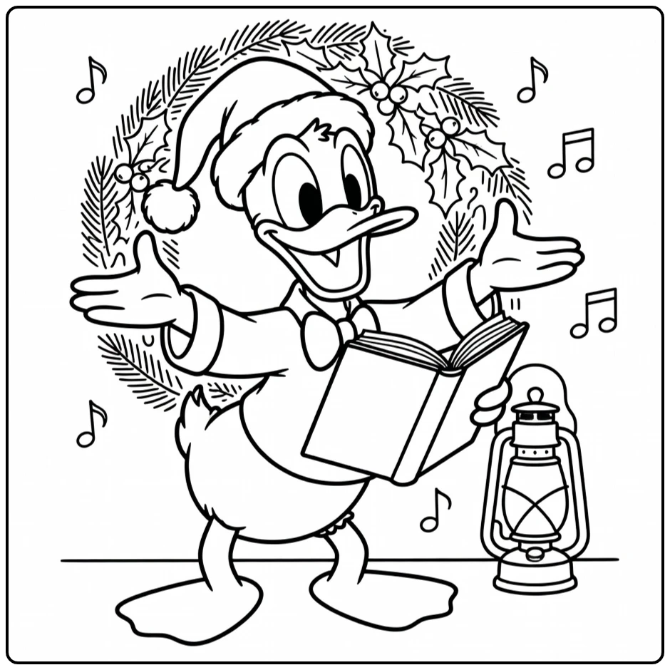 Donald Duck zingt kerstliedjes, kleurplaat donald duck kerst en vrolijk.