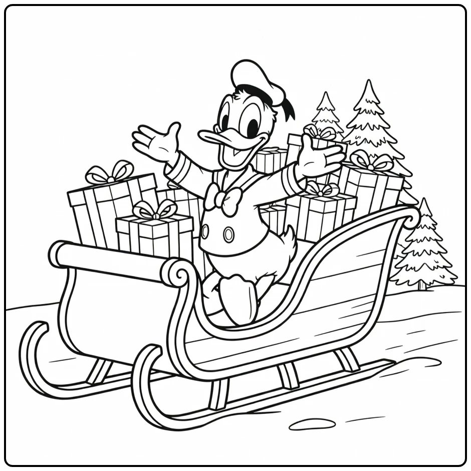 Donald Duck vrolijk in kerstslee met cadeaus, kleurplaat donald duck kerst