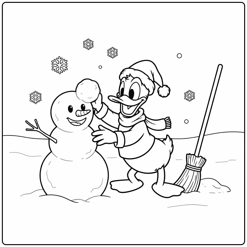 Donald Duck bouwt vrolijke sneeuwpop, kleurplaat donald duck kerst